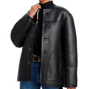 Veronica Beard Black Leather Shirt Jacket